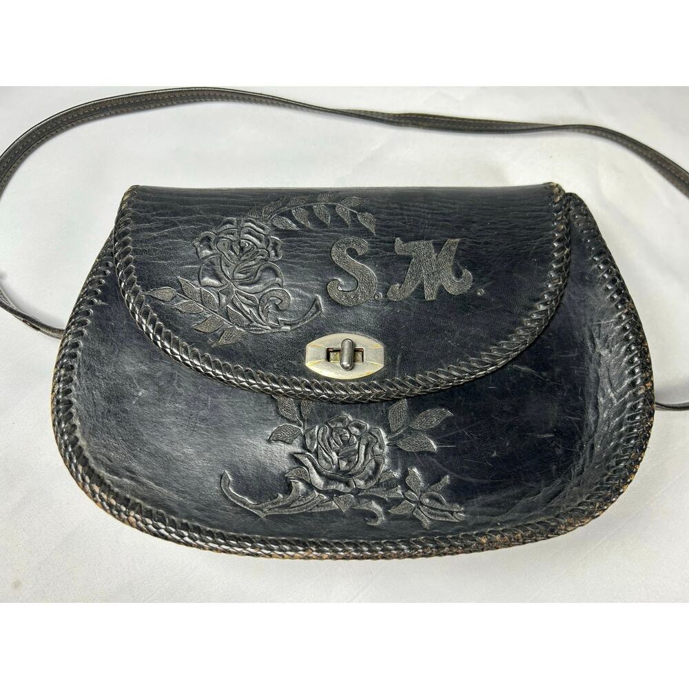 Vintage1940 custom-made curved leather, shoulder bag, black crossbody adjustable - Picture 1 of 13